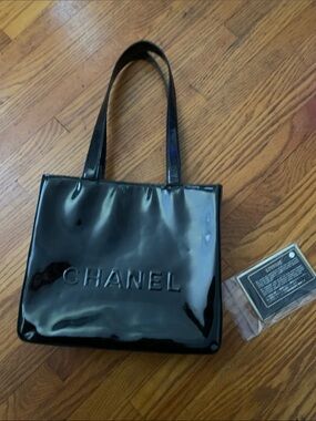 CHANEL Black Patent Embossed Logo Tote